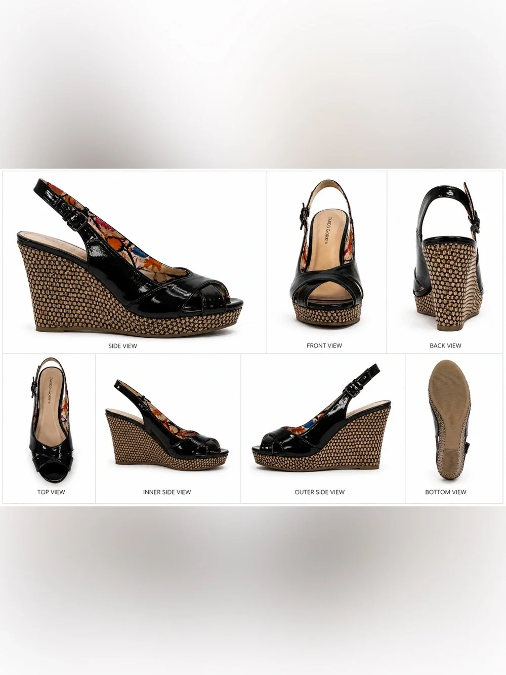 Faded Glory Black Patent Wedge Slingback Sandals SW